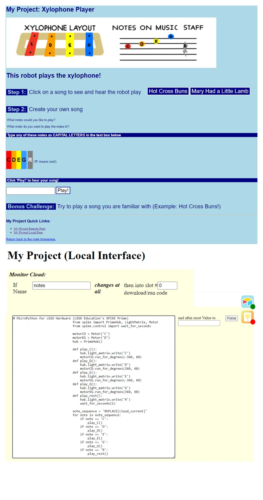 Image of local and remote interfaces for The Xylophone Player